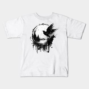 Monochrome Mystique: Ink Splatter Raven in Round Shadow Box Kids T-Shirt